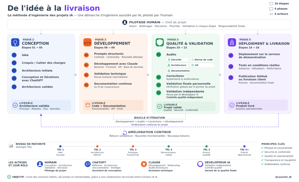 Schéma de la méthode IA en quatre phases : conception, développement, qualité et déploiement.